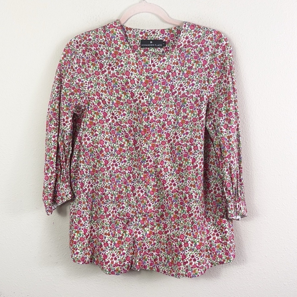 Pomander Place Kieran Blouse Pink Floral Partial Zip Front Smocked Cuffs size M